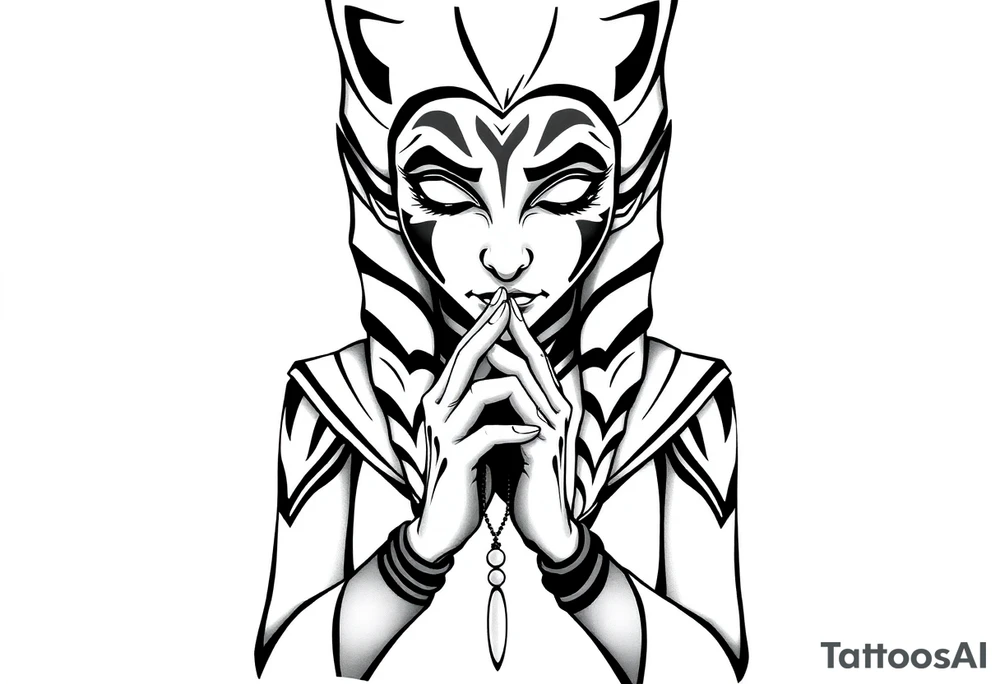 Ahsoka praying with rosary in hands tattoo idea