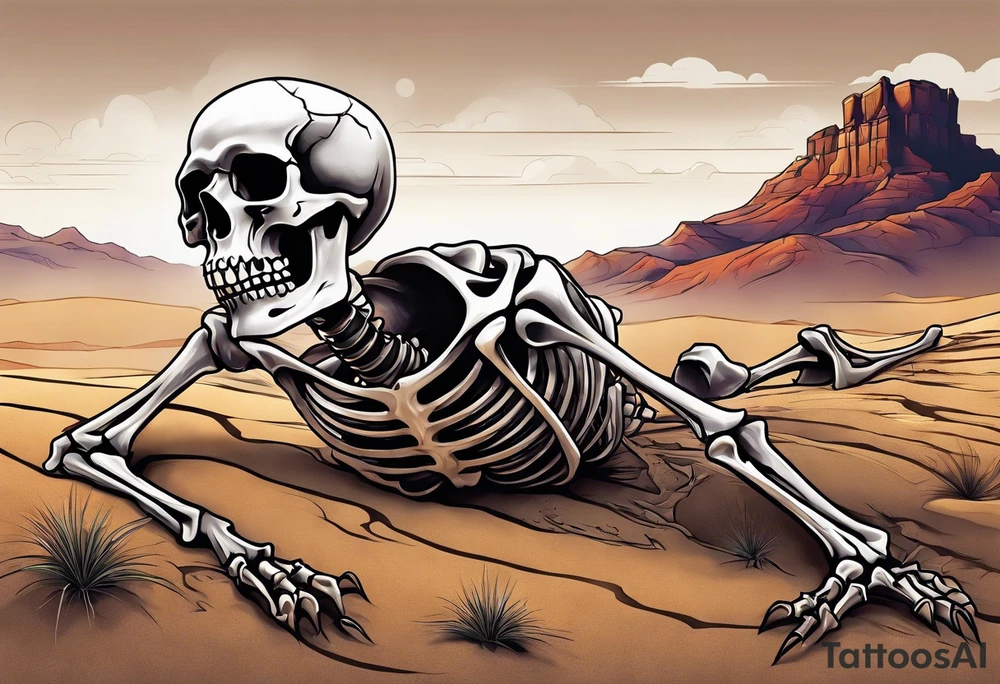 skeleton crawling towards a cross in a desert tattoo idea