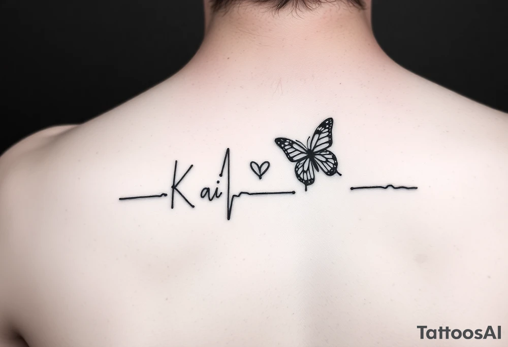 A forearm tattoo that is a heart beat and translations into the name “Kai” and have a small butterfly as the dot in the letter “i” tattoo idea