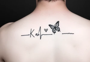 A forearm tattoo that is a heart beat and translations into the name “Kai” and have a small butterfly as the dot in the letter “i” tattoo idea