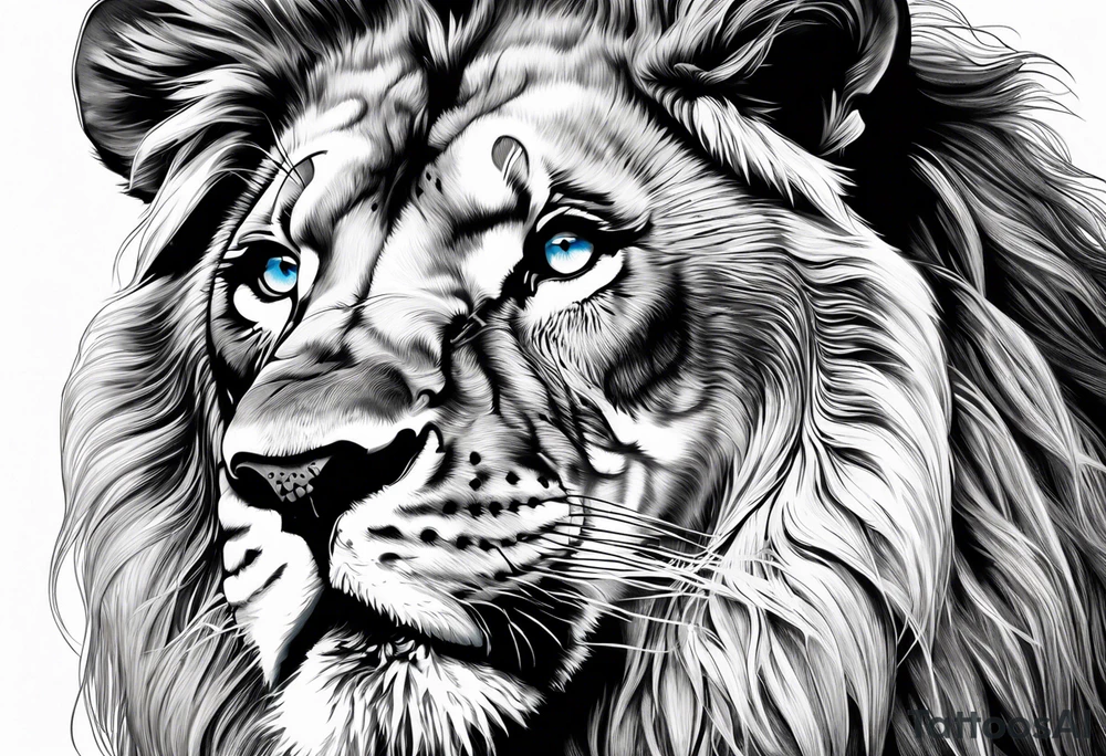 Lion roaring blue eyes black and white tattoo idea