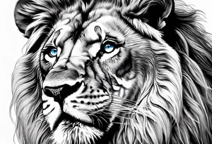 Lion roaring blue eyes black and white tattoo idea