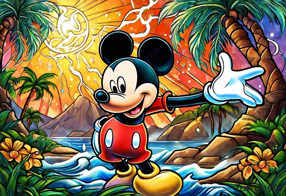 mickey mouse in a lightning storm with palm trees and the celtic symbol for family tattoo idea