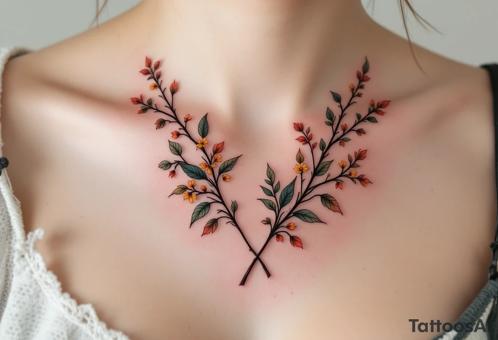 Two separate collarbone tattoos of long, stems and branches covered with red, orange, yellow and dark forest green leaves and flowers, academia, witchy, muted, delicate and gentle but moody, long and thin, following the collarbone. More muted, not so bright, darker colors. Fewer amount of leaves, larger leaves tattoo idea