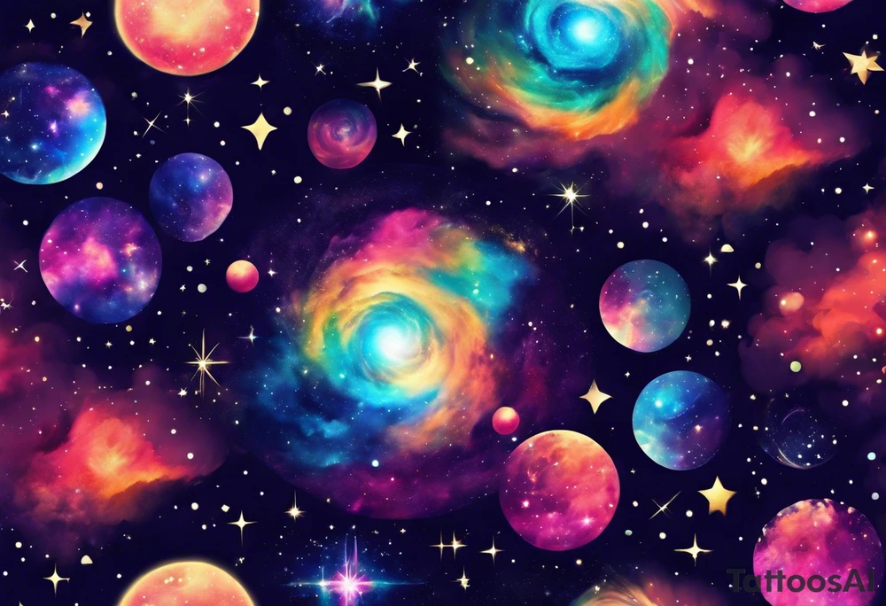 I want a nebula space galaxy s kinda shape 
tattoo that's colorful and bright and cute and is nice to look at I don't want a traditional circle I want it like the ones thay look like an s shape and this tattoo will be on my left buttcheek and light colors I want more spread and less circle tattoo idea