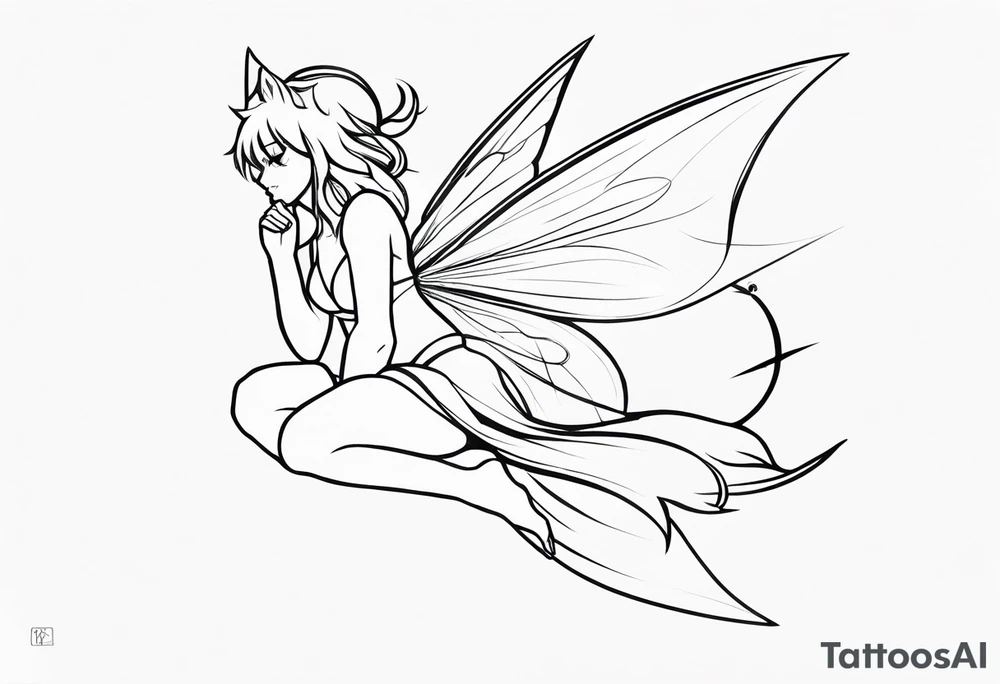 No color sideways sketch of a fairy with a tail inspired by the guild symbol in the anime show called Fairy Tail in a fetal position leaning forward while crawled in with hands a bit forward and her body is an angle while floating in the air tattoo idea