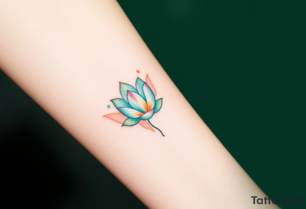 A small water lily tattoo, with light teal and soft peach accents, set in the center of the wrist or ankle, representing personal growth and balance tattoo idea
