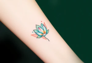 A small water lily tattoo, with light teal and soft peach accents, set in the center of the wrist or ankle, representing personal growth and balance tattoo idea