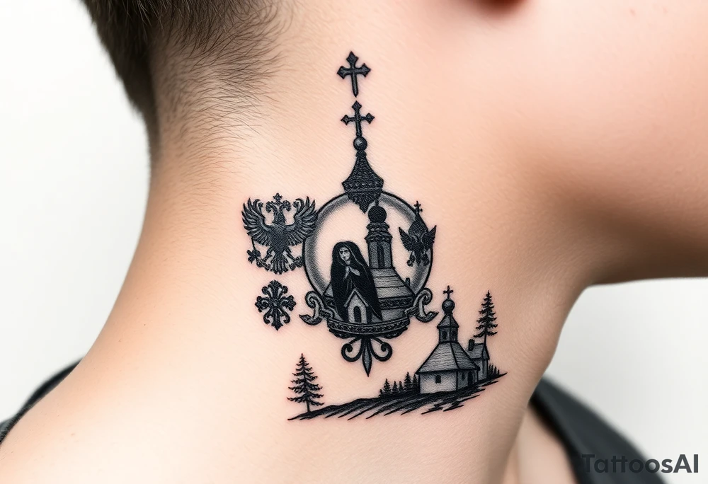 Traditional authentic Russian coat of arms with a Christian orthodox virgin marry in the middle and silhouette in a Russian wilderness Christian orthodoxy dome church village setting on the side of my neck tattoo idea