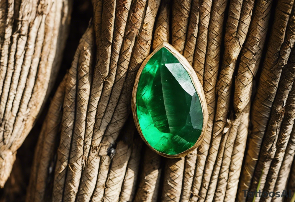 Tattoo: A striking Gachala emerald sits at the base of a tall quindio wax palm, which grows resiliently from cracks in rugged, rocky soil. The emerald is the main focal point, symbolizing strength and endurance, while the wax palm, rooted in the soil’s crevices, represents growth and resilience. A small water stream flows gently from the rocks, adding an element of life and nourishment. Style: Semi-Realism. tattoo idea