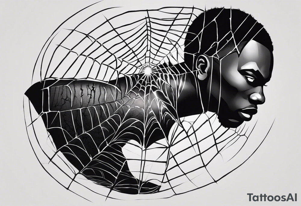 Design a powerful inner bicep tattoo for a dark-skinned black male featuring Anansi the Spider from Ghanaian mythology. Anansi is depicted weaving a web made from bright, crackling lightning bolts. The web extends outward from the center of the design, creating an intricate, flowing pattern. The lightning web should be sharp and dynamic, symbolizing energy and power, while Anansi sits calmly at the center, representing wisdom and control.

The spider should have a stylized, bold appearance, with strong, clean lines that stand out on dark skin. The lightning bolts in the web should feature bright, vivid colors like electric blue or white, contrasting well against the dark skin tone. Surrounding the web, subtle clouds or storm elements should fade into the background to create depth and dimension without overpowering the central design. Ensure that the web and lightning bolts are the primary focus, with fine detail that reflects both strength and intellect.”
Inner bicep tattoo idea