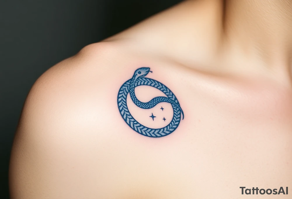 A blue and silver Ouroboros snake forming cyrcle, with cosmic patterns resembling a swirling galaxy within its body. tattoo idea