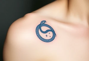 A blue and silver Ouroboros snake forming cyrcle, with cosmic patterns resembling a swirling galaxy within its body. tattoo idea