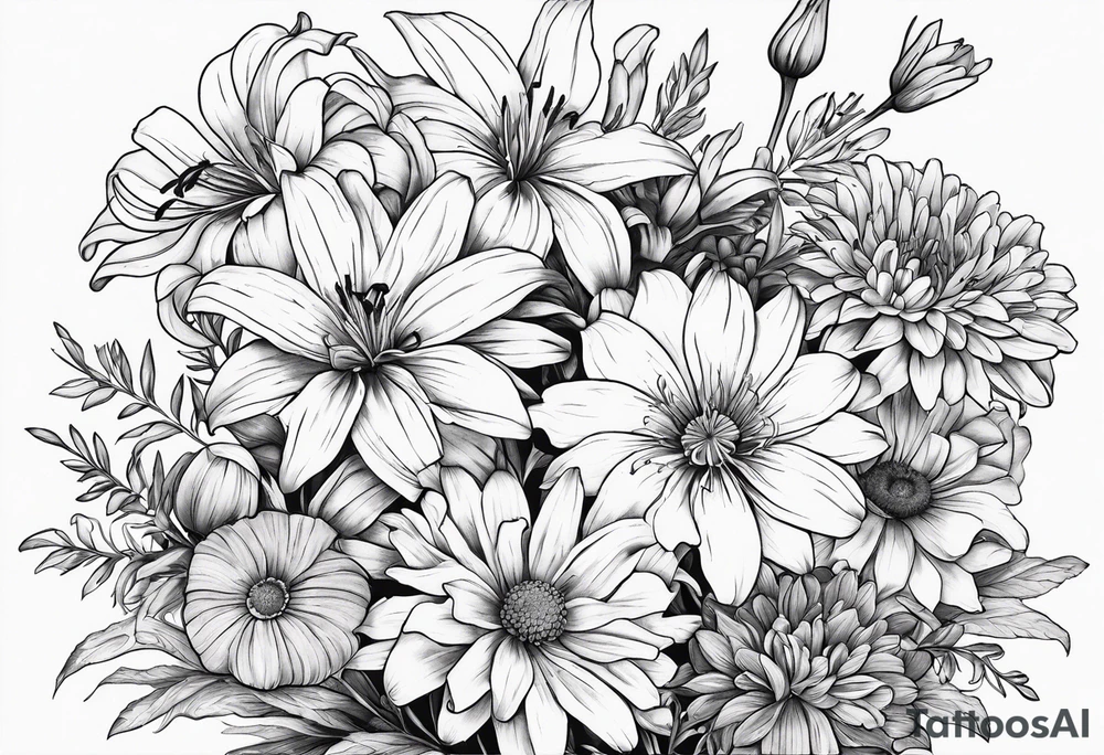 Bouquet of lilies, marigolds, cosmos, and asters tattoo idea