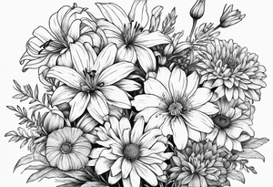 Bouquet of lilies, marigolds, cosmos, and asters tattoo idea