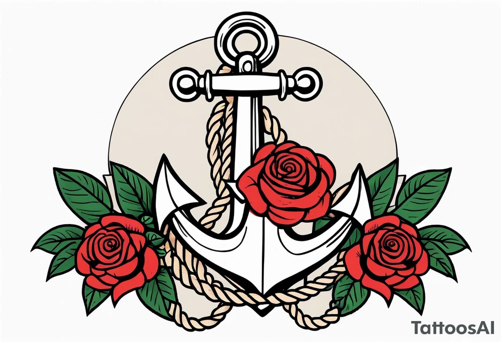 old school anchor with rope wrapped around anchor and banner across anchor and old school roses tattoo idea