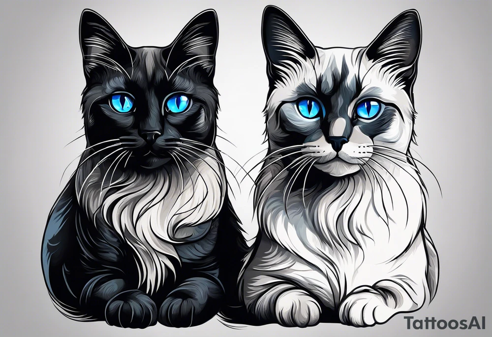 Two cats. One is medium length black and white fur, the other is a medium gray Siamese with blue eyes that are slightly crossed. tattoo idea