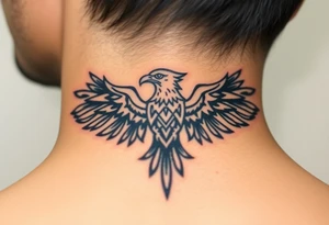 A tribal eagle in black ink with geometric patterns, seamlessly blending traditional and modern tattoo styles tattoo idea