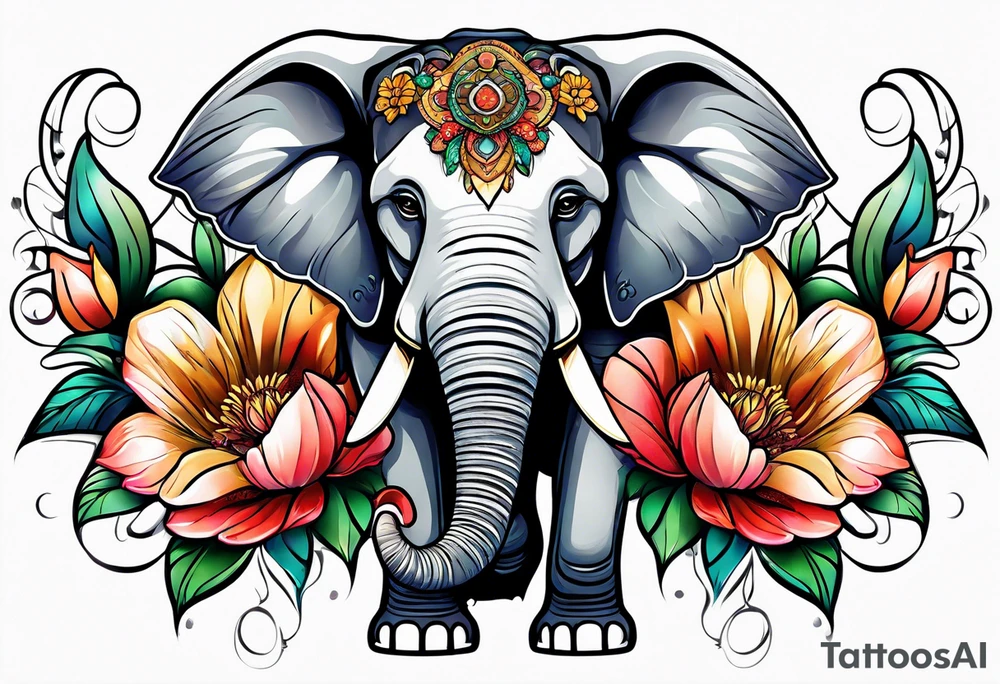 elephant with flowers tattoo idea
