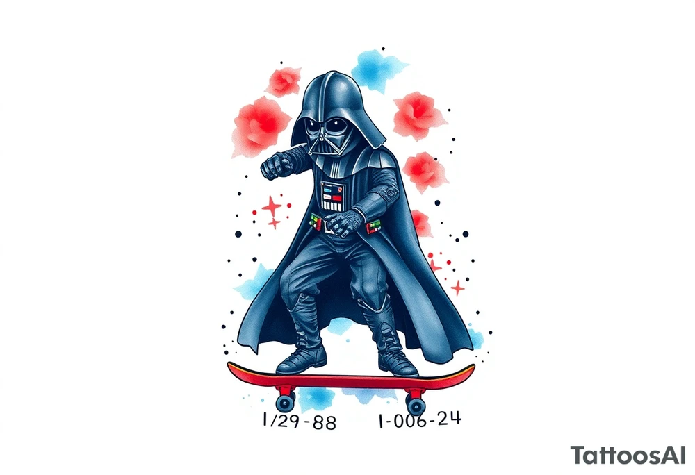 blue and red Skateboarding TALL Darth Vader
WORDS in star wars font "Darth Carter"
12/29/88-01/06/24 tattoo idea