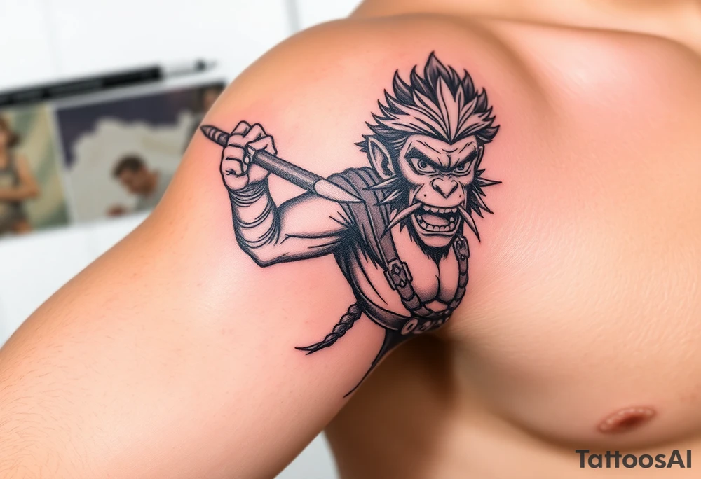 powerful majestic monkey king son wukong as monkey d luffy tattoo idea
