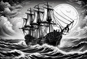 An old pirate ship sailing through rough waters during the night with a full moon tattoo idea