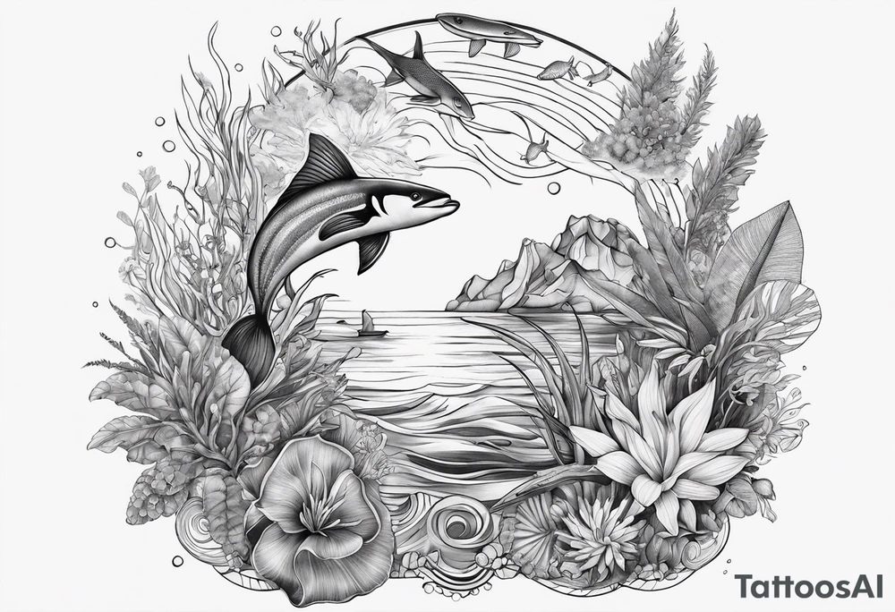 ocean arm tattoo with plants and sea life tattoo idea
