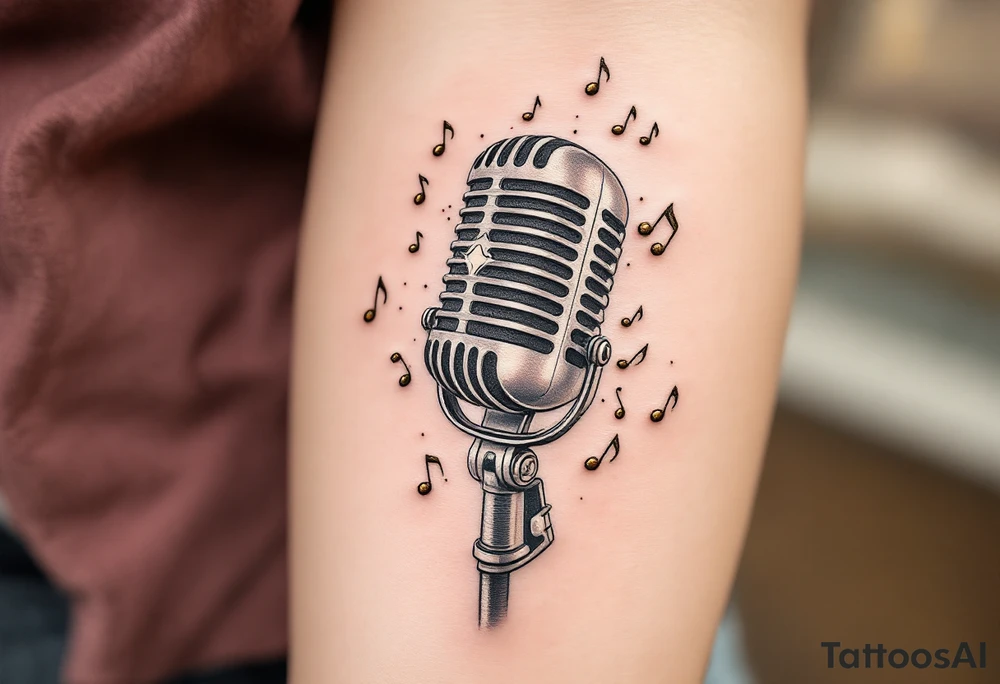 Vintage Microphone Tattoo – A classic, detailed black and gray tattoo of a vintage microphone with intricate shading, surrounded by musical notes floating around it in soft gold and bronze hues. tattoo idea