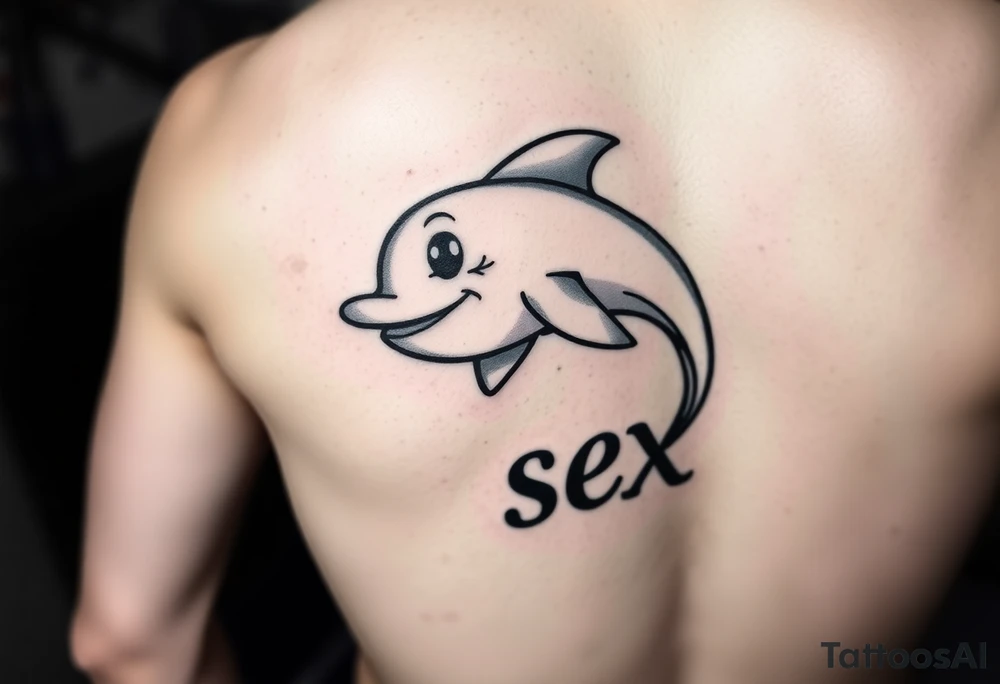 Cartoon dolphin with a mischievous face and the word sex written in cartoon letters tattoo idea