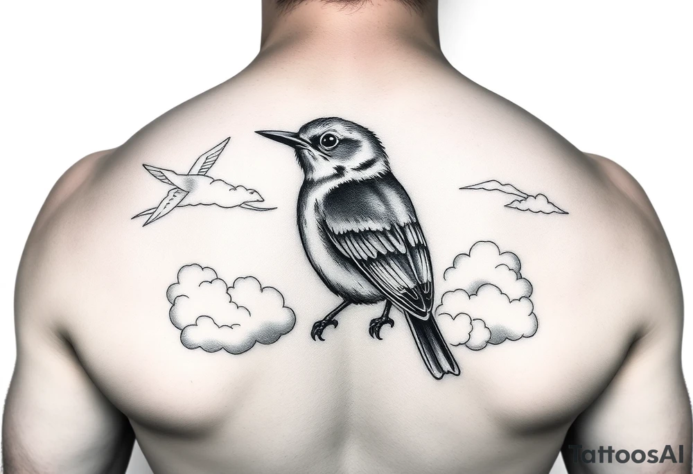 Kentucky bluebird with realistic clouds tattoo idea