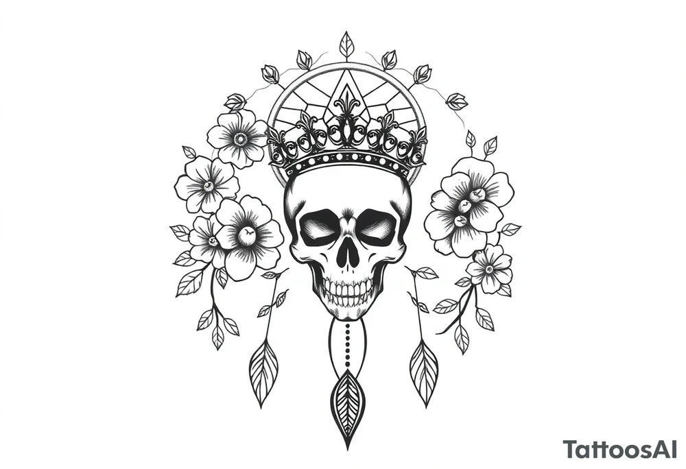 Mandala dream catcher with detailed beautiful gothic boho flowers on vine and skull with gorgeous crown tattoo idea