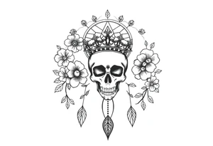 Mandala dream catcher with detailed beautiful gothic boho flowers on vine and skull with gorgeous crown tattoo idea