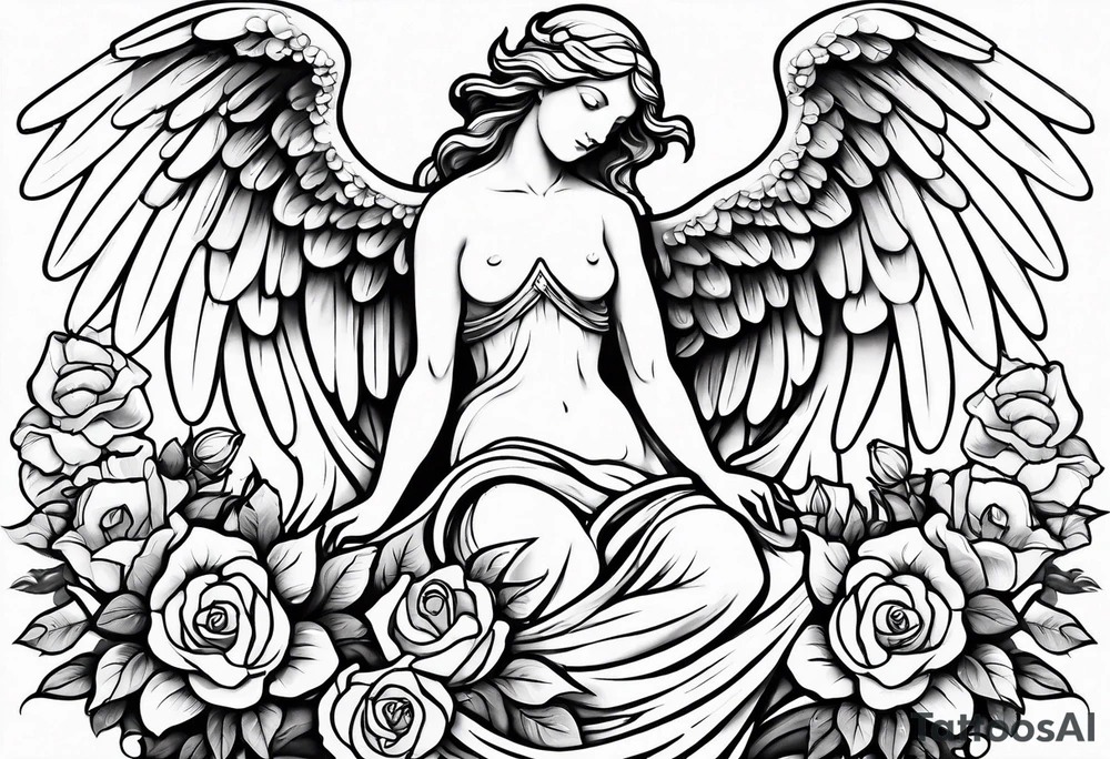 Simple Angel statue stood on a rock with daffodils and roses wrapped around its legs tattoo idea