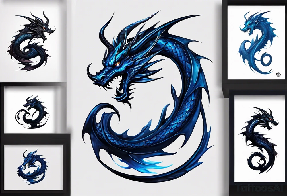 An epic floating dragon. Its long body coiling dynamically, with scales and horns detailed to create a sense of movement and strength. The dragon's main color is midnight blue, giving a vibrant depth and a mystical aura. This tattoo highlights the dragon’s fierce expression and sharp claws. tattoo idea