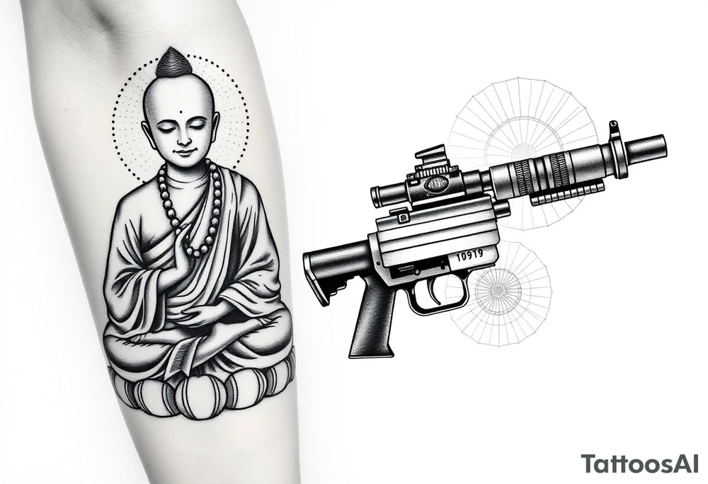 "Black ink tattoo fusing war and enlightenment:  
1. LEFT SIDE: Hyper-detailed Buddhist monk in lotus pose (dotwork shading)  
2. RIGHT SIDE: Maxim M1910 machine gun (geometric outline)  
3. TRANSITION ZONE:  
   - Monk's robes dissolve into bullet belts  
   - Prayer beads become ammunition links  
   - Third eye aligns with gun sights  

Key details:  
- Mirror embedded in gun's scope (reflects wearer's eye)  
- Micro-text along barrel: *"Пустота стреляет"* (0.3mm font)  
- Mandala-shaped muzzle flash  

Style: Neo-tribal meets ukiyo-e. Size: 15cm forearm sleeve. No colors." tattoo idea