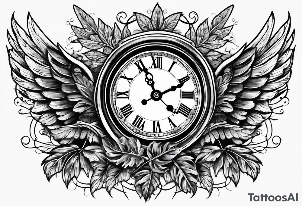 skeleton key wings clock leaves tattoo idea