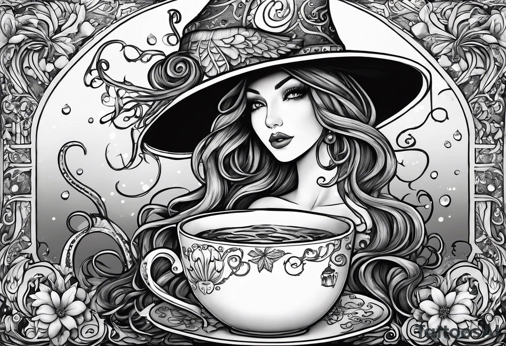 A beautiful sea witch with tentacles that incorporates a teacup, an umbrella, a yellow bird, and a gingerbread boy tattoo idea