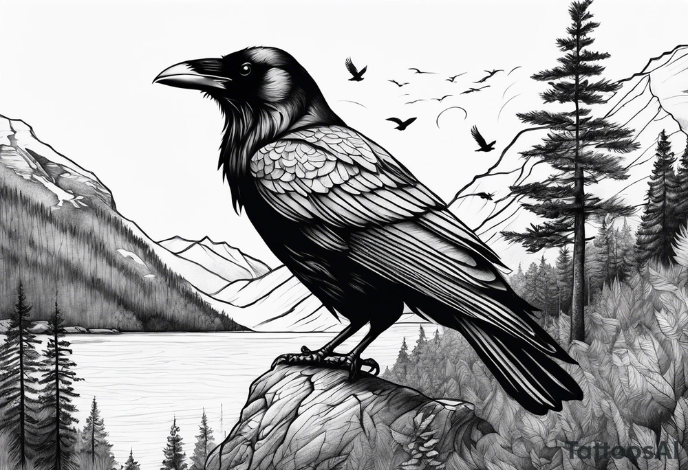 raven in fjord with trees tattoo idea