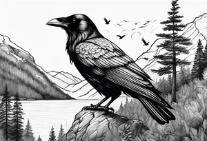 raven in fjord with trees tattoo idea