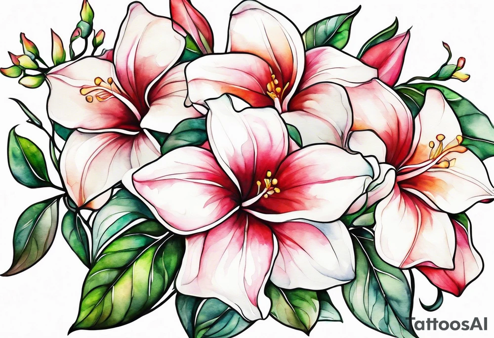 white background, abstract mandevilla flowers on a vine, part of it watercolor, part of it just line work tattoo idea