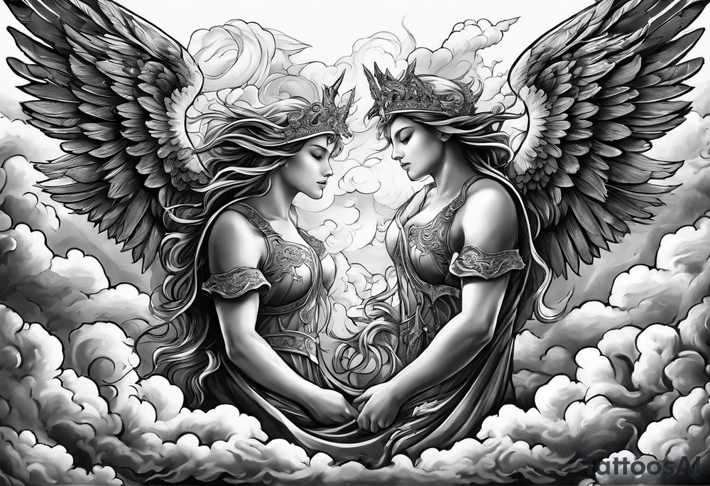 Angels fighting against demons in the clouds tattoo idea
