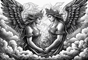 Angels fighting against demons in the clouds tattoo idea