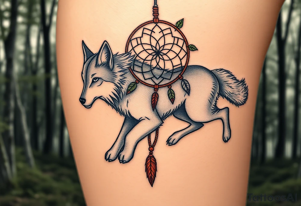 A wolf running through the woods, with dreamcatcher rings woven into the landscape. The wolf’s fur is shaded in shades of gray and white, while the dreamcatcher is adorned with green leaves and earthy brown tones tattoo idea