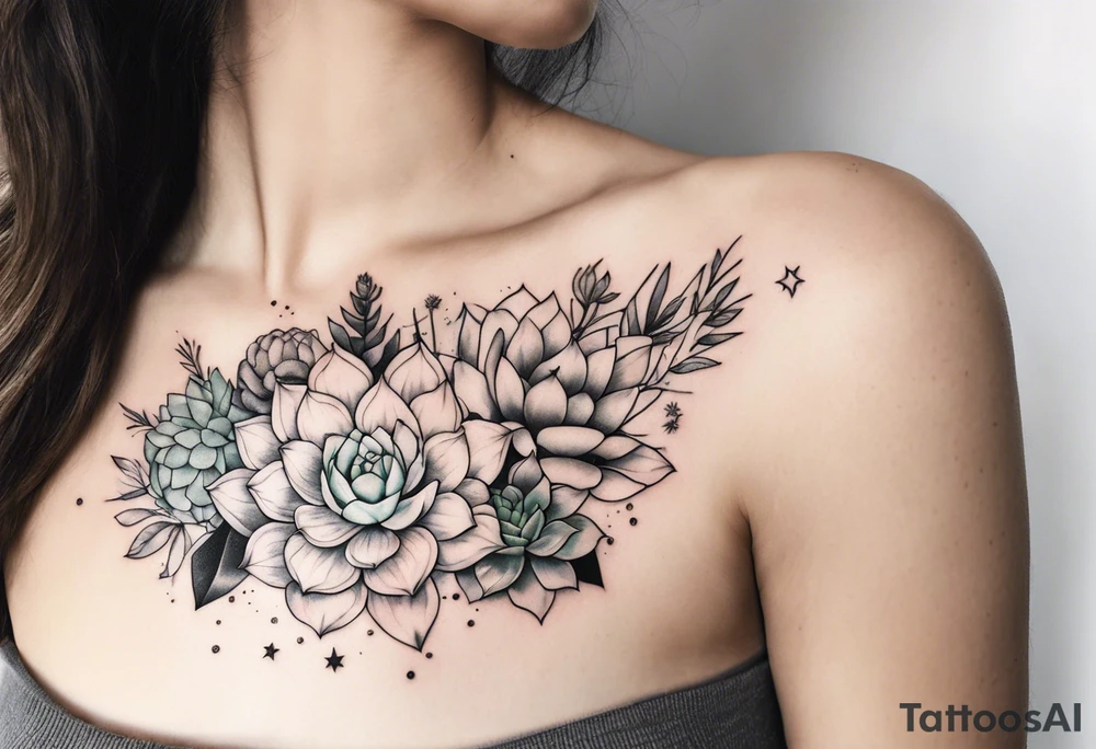 fine line with sun, stars, floral, dots, three succulents
. Sternum tattoo grey scale shading tattoo idea