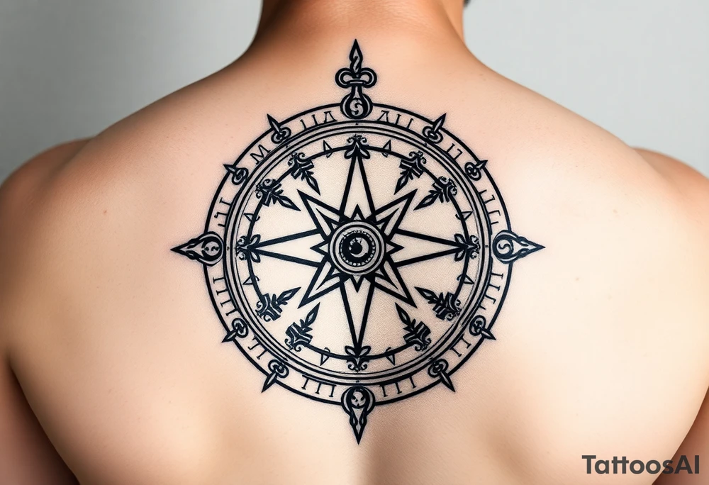 Create a line work Viking compass using symbols for protection, wisdom, and knowledge from both the Aztec and Viking cultures. Make the image very simple and able to print. Outline only not a lot of thick black use elder futhark runes for protection, wisdom and luck. tattoo idea