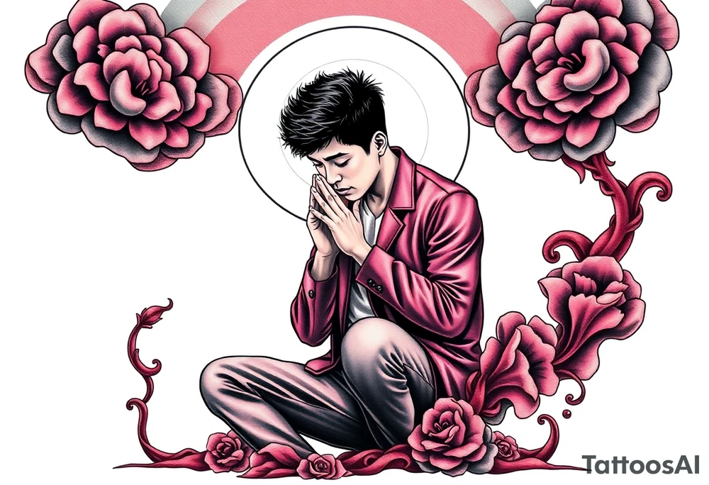 Handsome Asian young guy is standing on his knees apologising tattoo idea