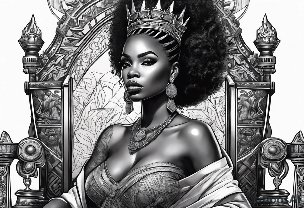 Beautiful black African queen with a crown sitting on a large iron throne tattoo idea