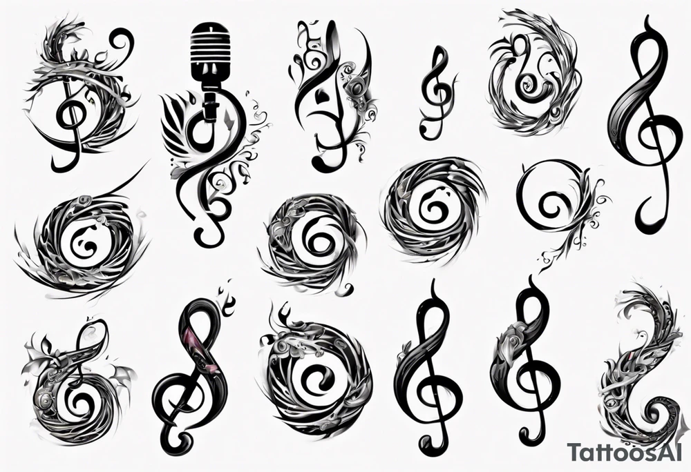 tail of G clef is cord of microphone all wraps and swirls tattoo idea