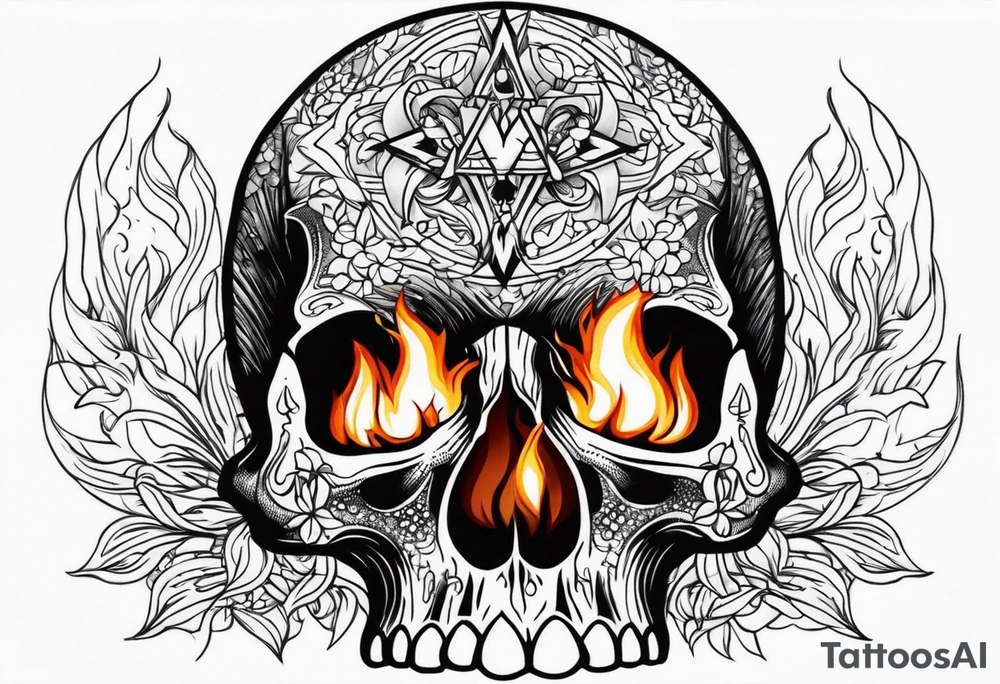 Skull on top of fire praying tattoo idea