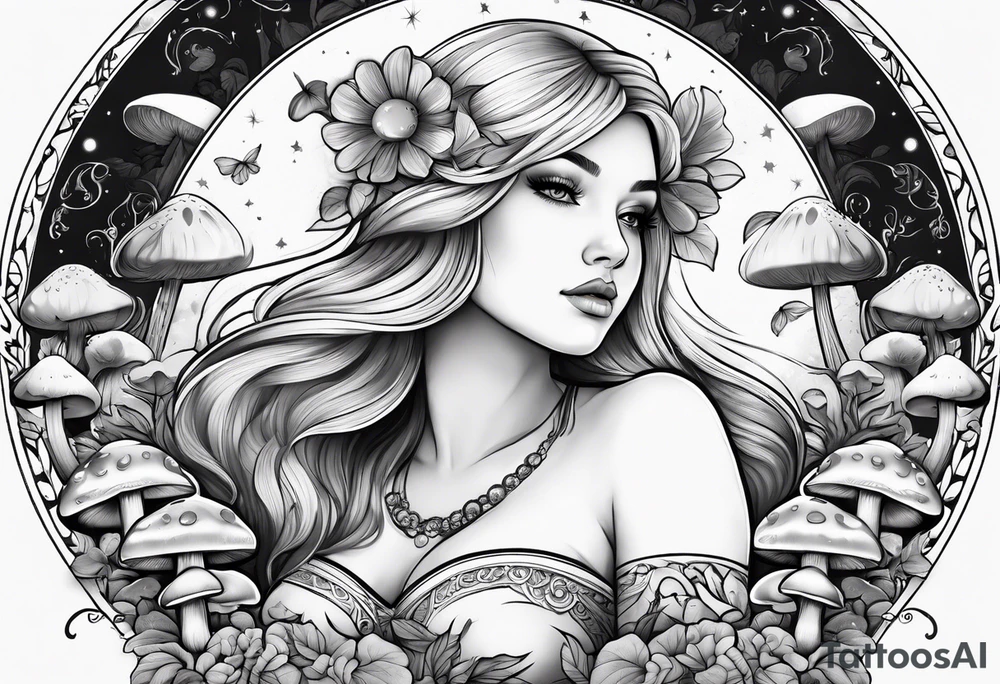 Blonde chubby Girl surrounded by mushrooms crescent moon background tattoo idea